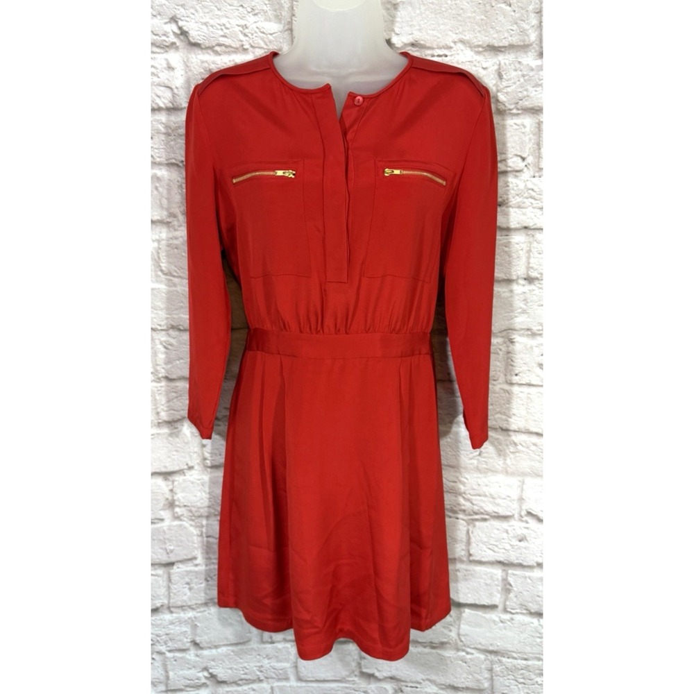 Theory 4 Poppy Red Brunella Silk Shirt Dress Gold Zip Pockets NWOT